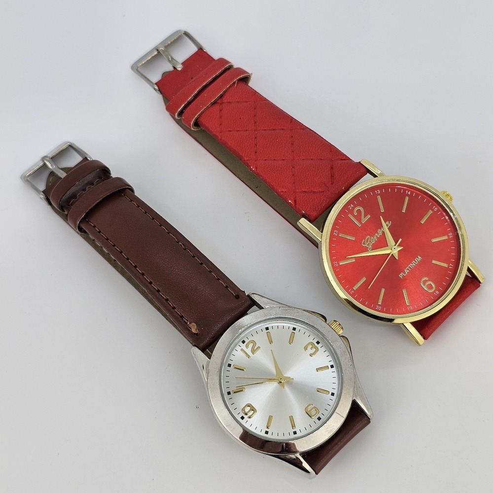 2X Women's Analog Watches Gold Red Dial Brown Red Faux Leather Bands New Battery